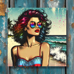 Hermosa mujer en arte pop de historietas de playa<br><div class="desc">Bonito generó la imagen de una mujer bonito en la playa usando gafas de sol con un arte pop de historietas al estilo de un libro de historietas en la playa del océano.</div>