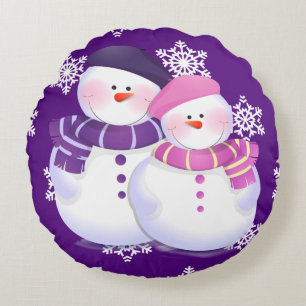 Hermosa pareja de muñecos de nieve cojín redondo