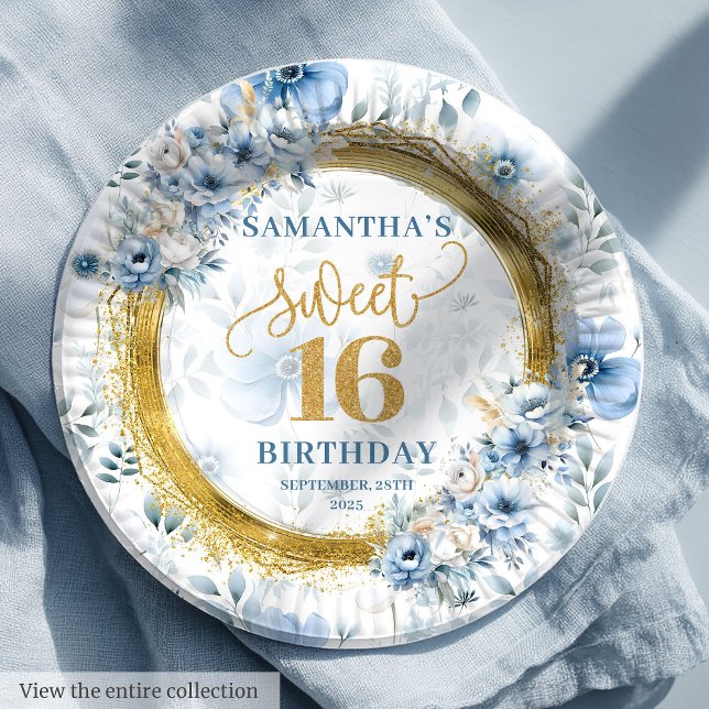 Hermosa Pastel Azul Dulce 16 Platos Purpurinas de  (Beautiful Pastel Blue Sweet 16 Gold Glitter Plates)