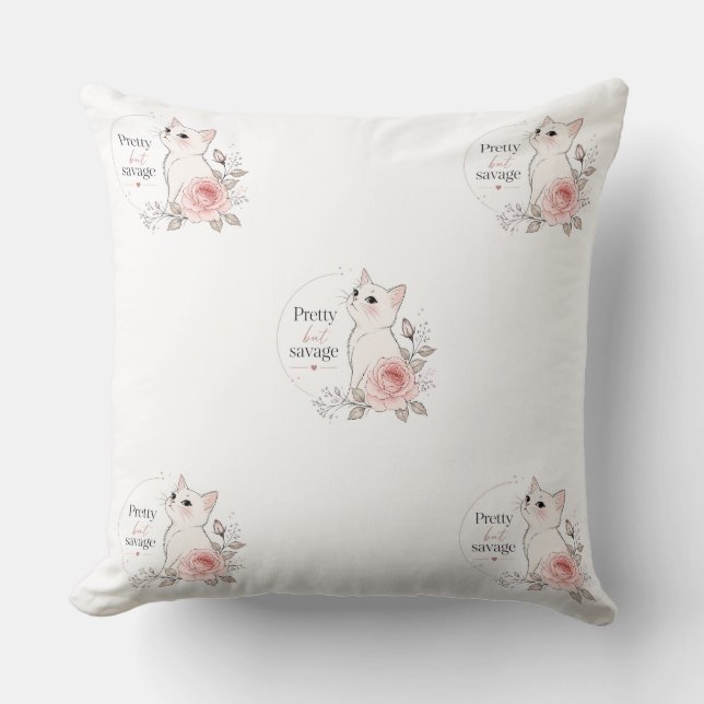 Hermosa Pero Salvaje Kawaii Gato Rosa Almohada (Anverso)