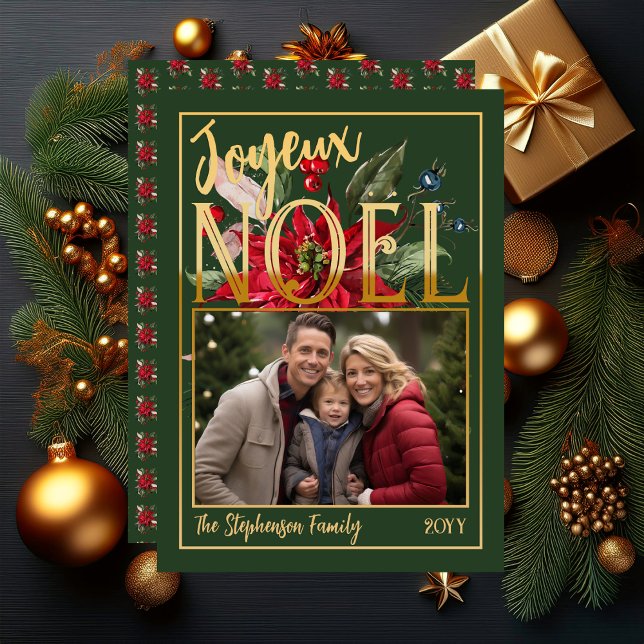 Hermosa Poinsettia y Bayas Feliz Navidad ("Joyeux Noël" French "Merry Christmas" Faux Foil and Green Poinsettia | Berries Flat Greeting Card)