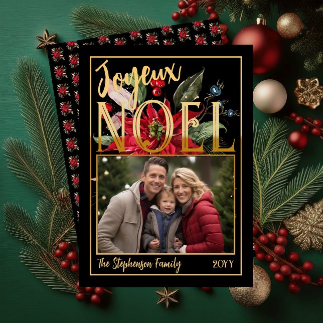 Hermosa Poinsettia y Bayas Feliz Navidad ("Joyeux Noël" French "Merry Christmas" Faux Foil and Black Poinsettia | Berries Flat Greeting Card)