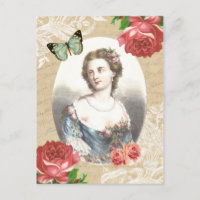 Hermosa postal antigua con dama y rosas