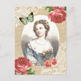 Hermosa postal antigua con dama y rosas