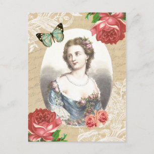 Hermosa postal antigua con dama y rosas