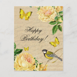 Hermosa postal de cumpleaños con rosas y pájaro
