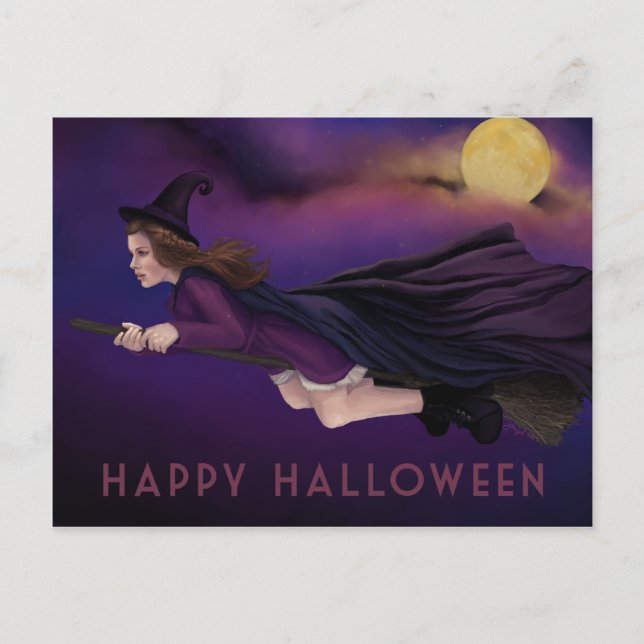 Hermosa postal de Halloween con pintura de brujas (Anverso)