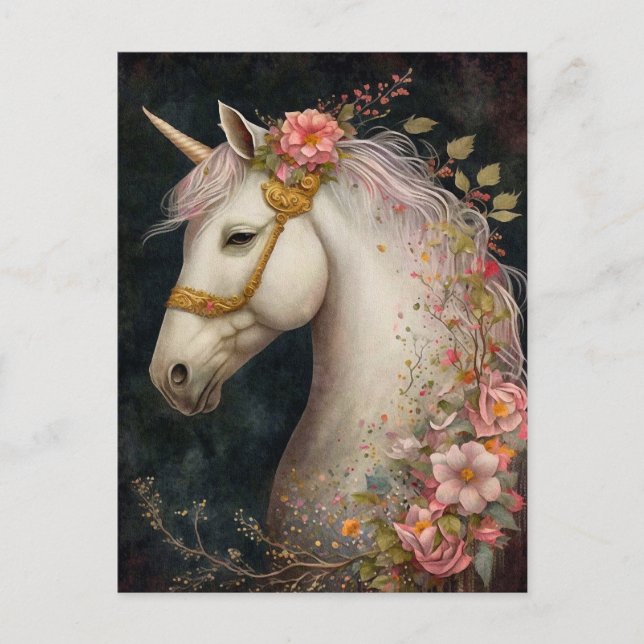 Hermosa postal De Unicornio Y Flores (Anverso)