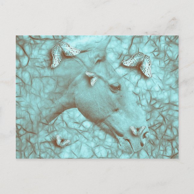 Hermosa postal horizontal de caballos y mariposas (Anverso)