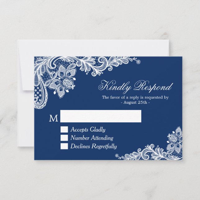 Hermosa respuesta de RSVP de boda azul de marina (Anverso)