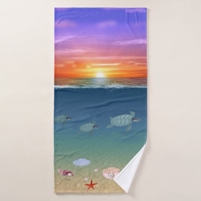 Hermosa salida del sol oceánico, tortugas marinas  (Toalla de baño)