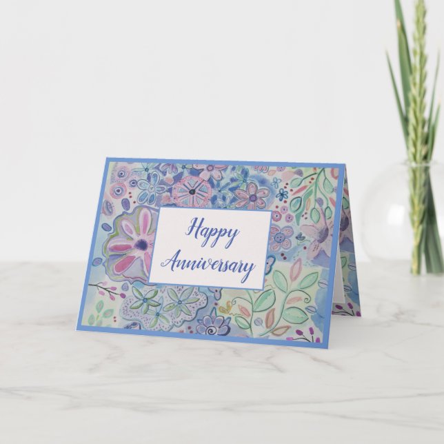 Hermosa tarjeta de aniversario feliz floral (Anverso)