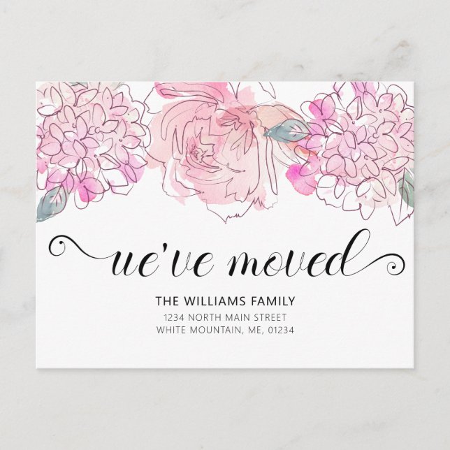 Hermosa tarjeta de anuncio de mudanza acuarela flo (Anverso)