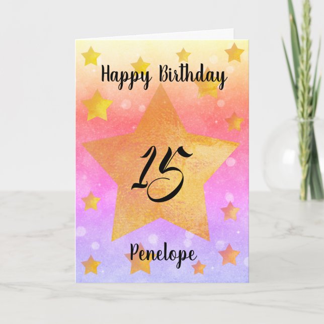 Hermosa tarjeta de cumpleaños 15th Watercolor Star (Anverso)