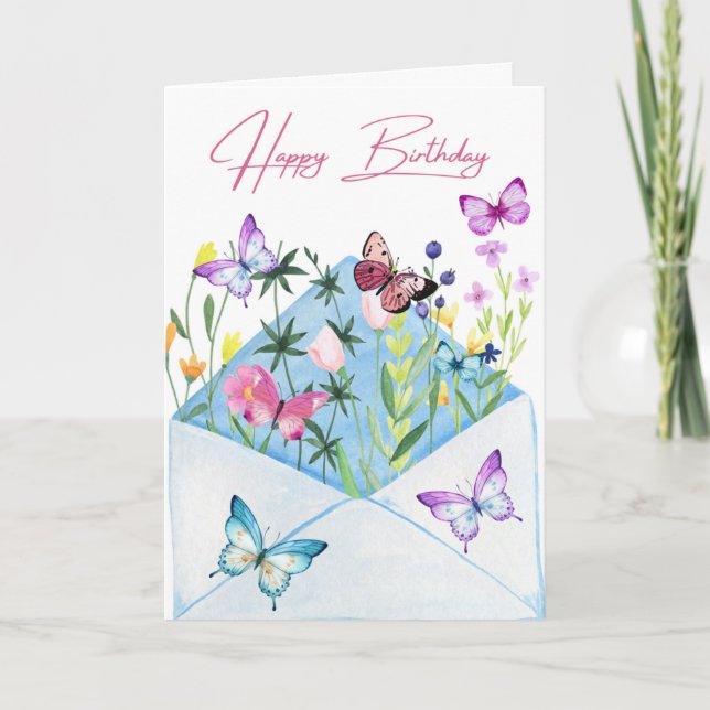 Hermosa tarjeta de cumpleaños con flores y maripos (Anverso)