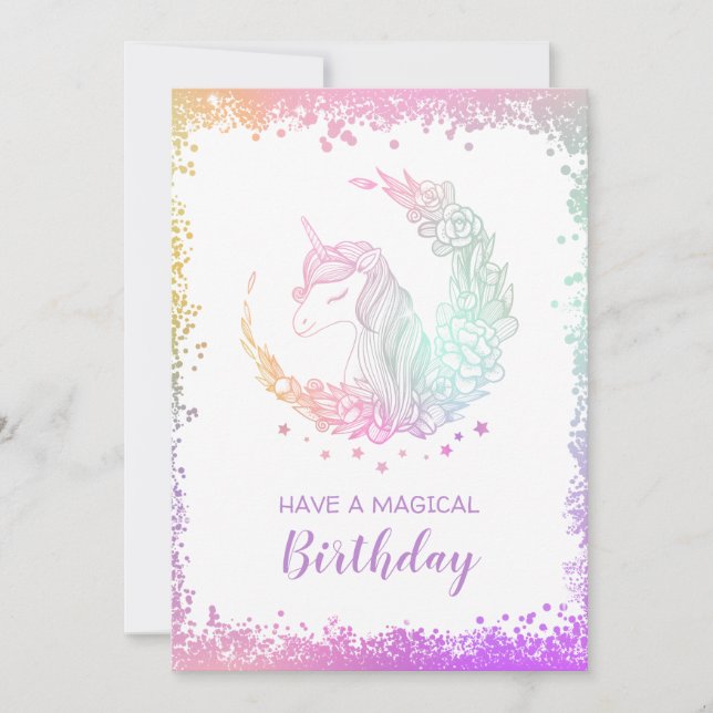 Hermosa tarjeta de cumpleaños de Unicornio mágica  (Anverso)