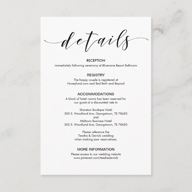 Hermosa tarjeta de gabinete de detalles de boda el (Anverso)