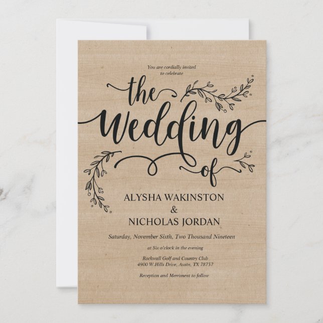 Hermosa tarjeta de invitación a matrimonio rústico (Anverso)