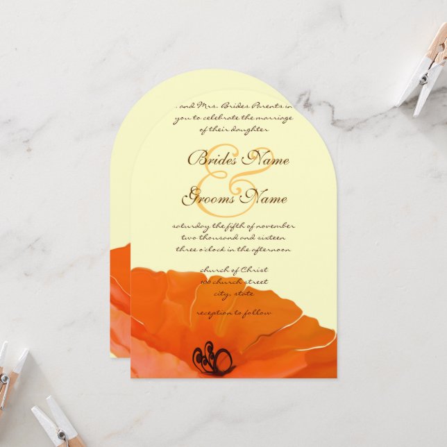 Hermosa Tarjeta de Invitación de Boda de Amapola E (Anverso/Reverso In Situ)
