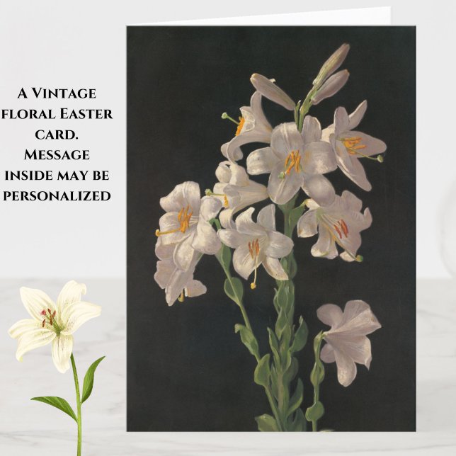 Hermosa tarjeta de lirios de Pascua blanca (A beautiful vintage floral Easter card featuring white lilies. Greeting inside may be personalized.)