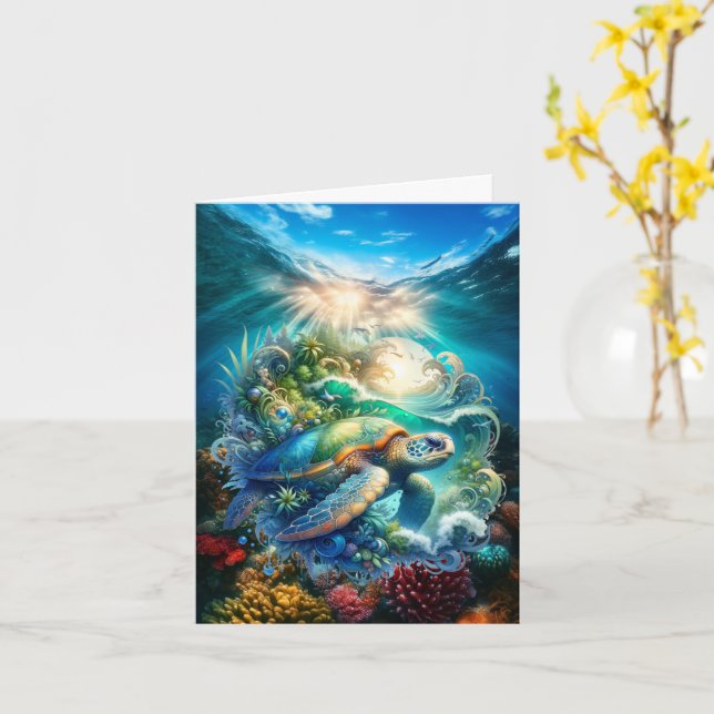 Hermosa tarjeta de saludo de tortuga acuática (flor amarilla)