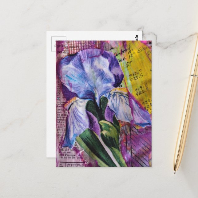 Hermosa tarjeta postal de collage de flor Iris en  (Anverso/Reverso In Situ)