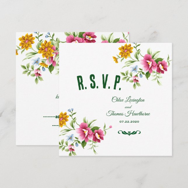 Hermosa tarjeta RSVP de boda de flores de primaver (Anverso / Reverso)
