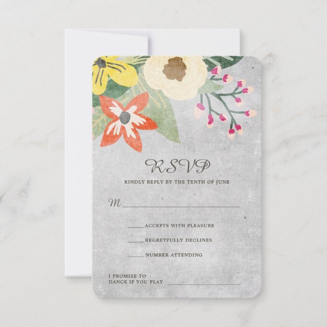 Hermosa tarjeta RSVP de boda de flores | Gris | PE (Anverso)