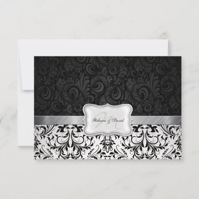 Hermosa tarjeta RSVP de matrimonio Damask en blanc (Anverso)