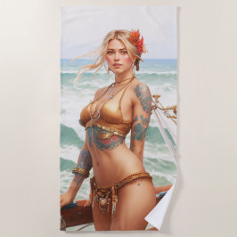 Hermosa toalla de playa chica de tatuajes piratas