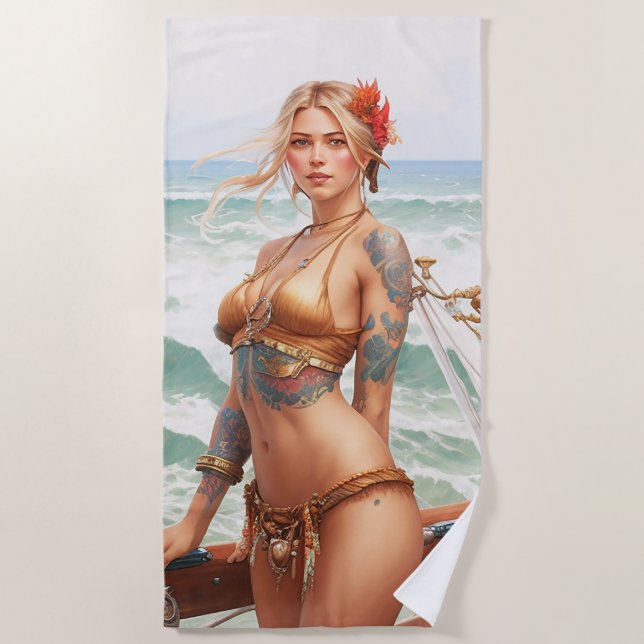 Hermosa toalla de playa chica de tatuajes piratas (Anverso)