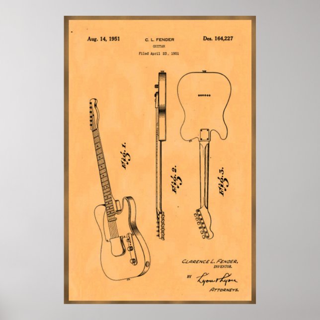Hermosa y Única Impresión de Patente de Guitarra E (Frente)