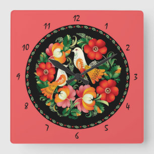 Hermosas aves y flores dibujan el reloj de pared