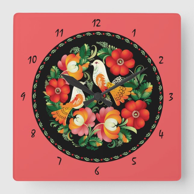Hermosas aves y flores dibujan el reloj de pared (Anverso)