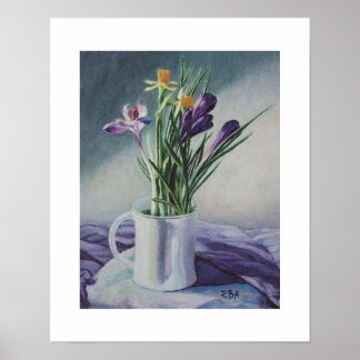 Hermosas crocuses púrpuras daffodis arte fino