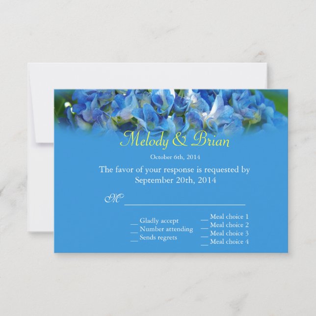 Hermosas flores de hidrangea azul RSVP boda (Anverso)
