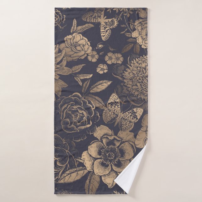 Hermosas flores peonías, rosas y mariposas.  (Toalla de baño)