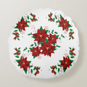 Hermosas flores rojas de Navidad en cojín redondo