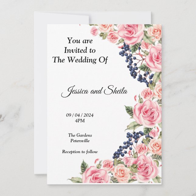 Hermosas flores rosadas Invitación a la boda, (Anverso)