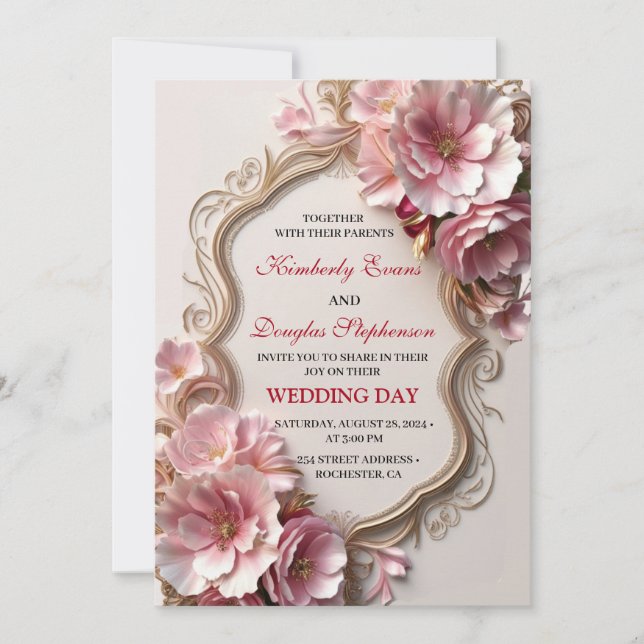 Hermosas invitaciones a bodas con rosas rosas rosa (Anverso)
