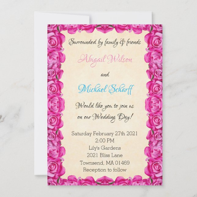Hermosas invitaciones a bodas con rosas rosas rosa (Reverso)