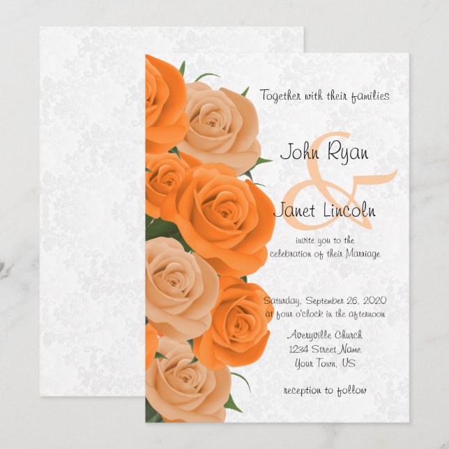 Hermosas invitaciones a bodas de flores Rosa Naran (Anverso / Reverso)
