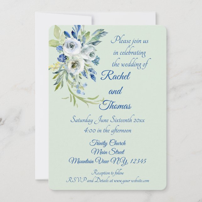 Hermosas invitaciones a bodas florales azules y de (Anverso)