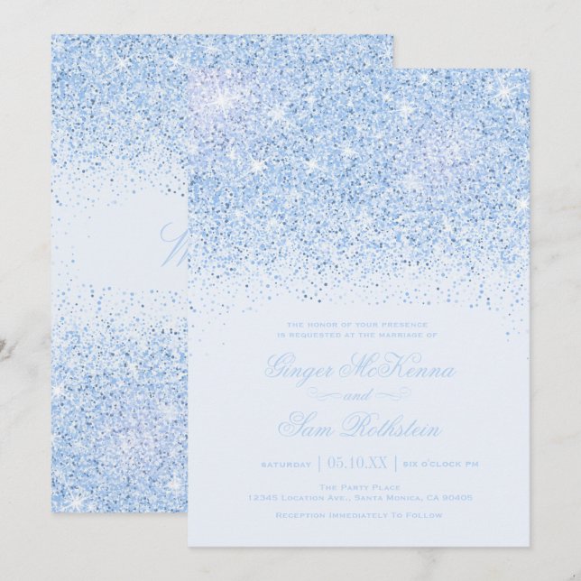 Hermosas invitaciones a la boda de Purpurinas azul (Anverso / Reverso)