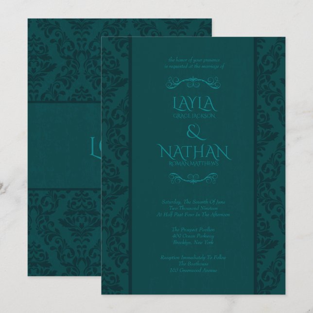 Hermosas invitaciones a la boda Verde azulada de D (Anverso / Reverso)