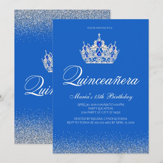 Hermosas invitaciones a la quinceañera azul y plat (Anverso / Reverso)