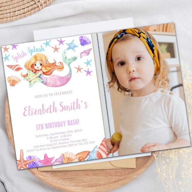 Hermosas invitaciones de cumpleaños de Sirena con  (Beautiful Mermaid Birthday Invitations with photo)