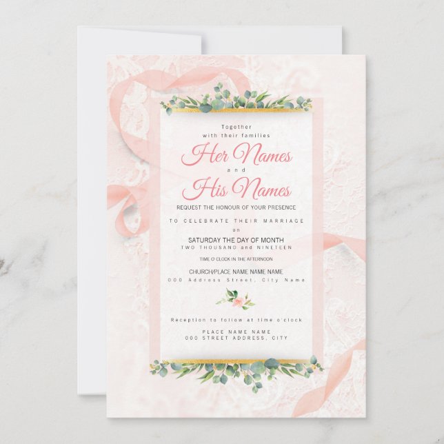 Hermosas invitaciones de matrimonio de encaje rosa (Anverso)