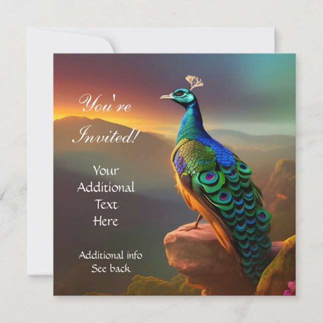 Hermosas invitaciones de pavo real para todas las  (Anverso)
