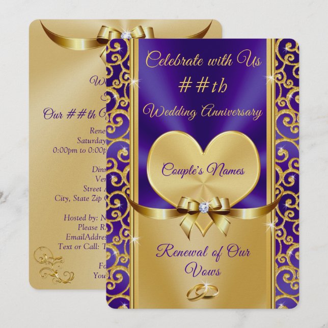 Hermosas invitaciones moradas y doradas para renov (Anverso / Reverso)